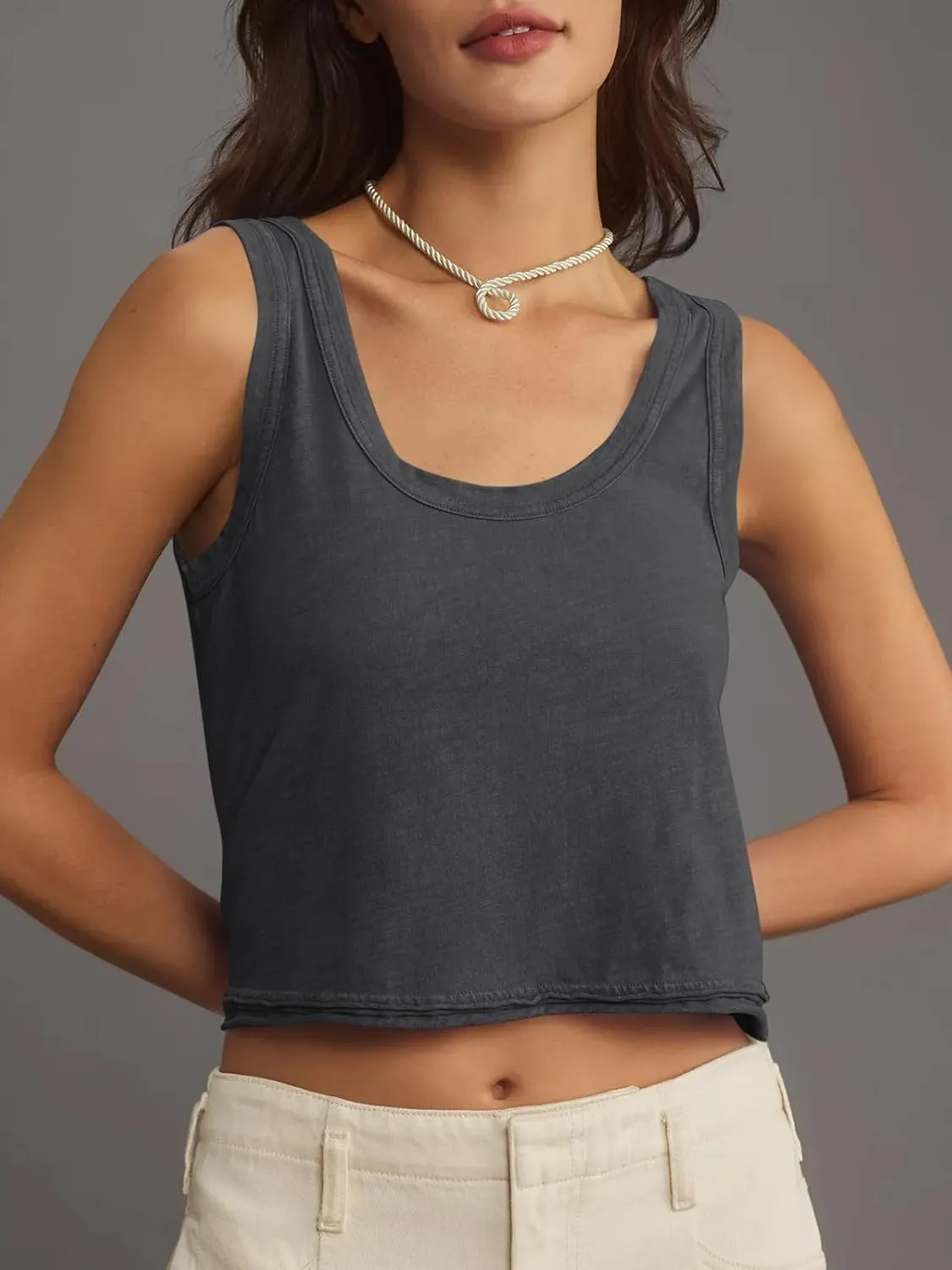 Tankaneo Womens Scoop Neck Cropped Tank Tops Summer Casual Cotton Workout Sleeveless Shirts Loose Fit Basic Tees
