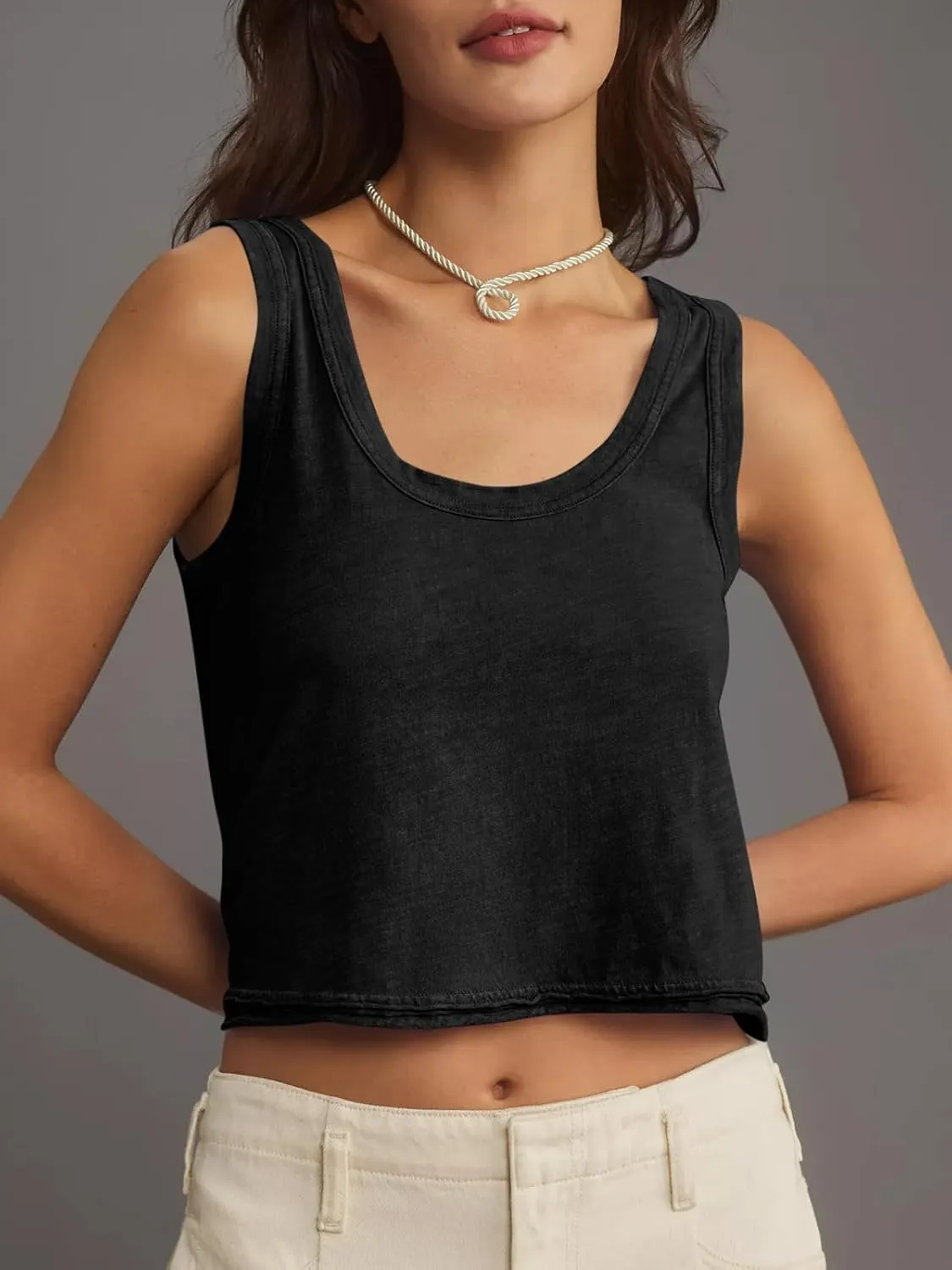Tankaneo Womens Scoop Neck Cropped Tank Tops Summer Casual Cotton Workout Sleeveless Shirts Loose Fit Basic Tees