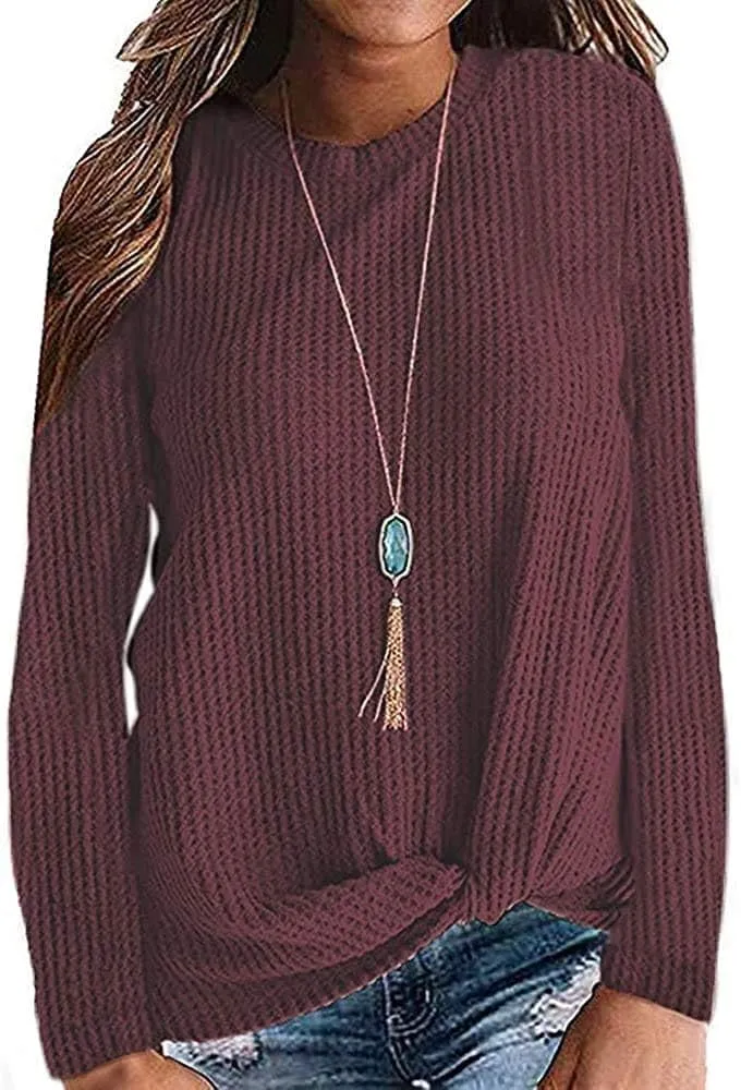 TODOLOR Women Long Sleeve T Shirts Casual Twist Knot Tops Loose Blouse Cute Tunic