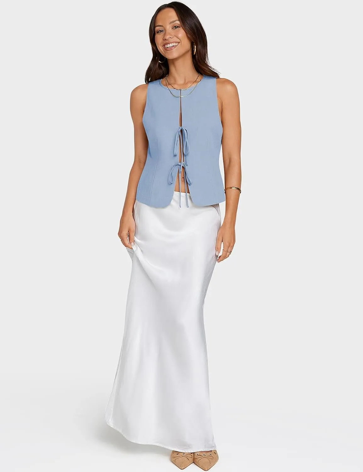 UEU Womens Tie Front Vest Top Bow Open Front Crop Tank Tops Summer Casual Sleeveless Shirt 2025 Y2K Trendy Outfits