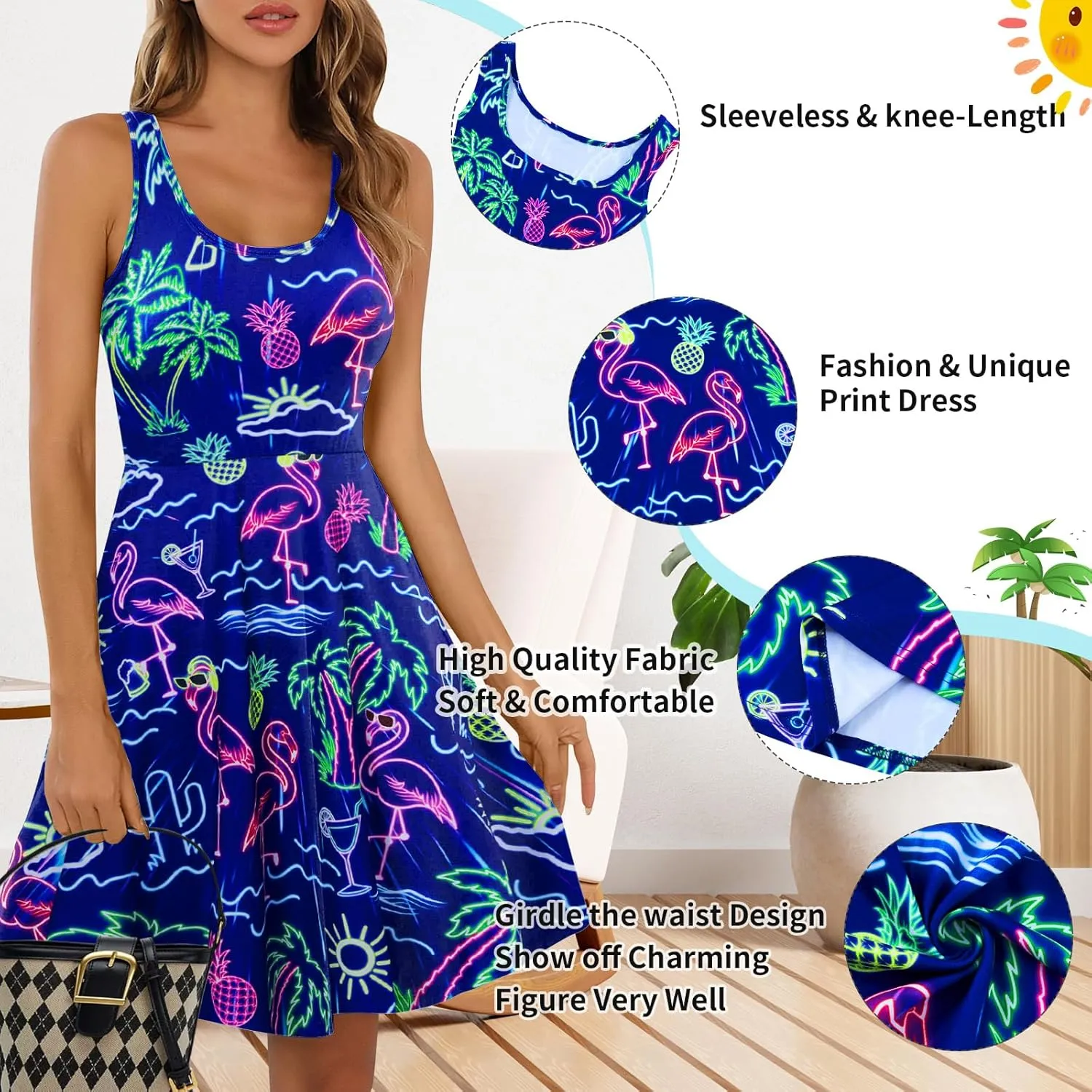 uideazone Women's Sleeveless Scoop Neck Summer Beach Casual Midi A Line Dress