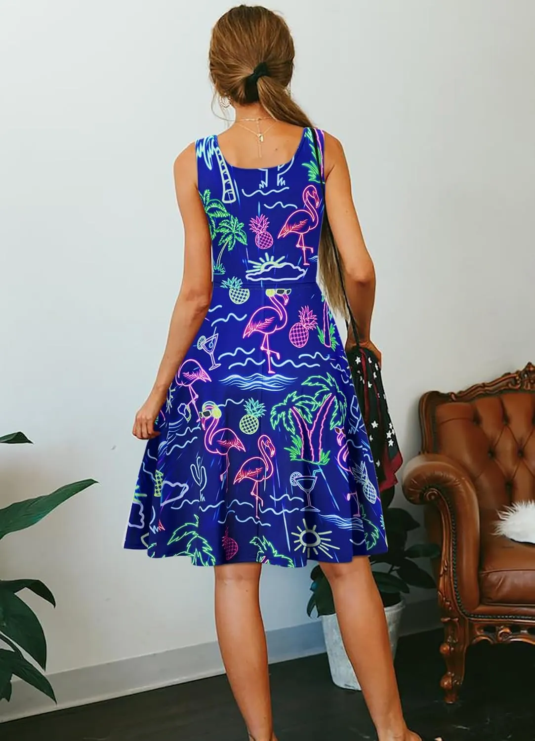 uideazone Women's Sleeveless Scoop Neck Summer Beach Casual Midi A Line Dress