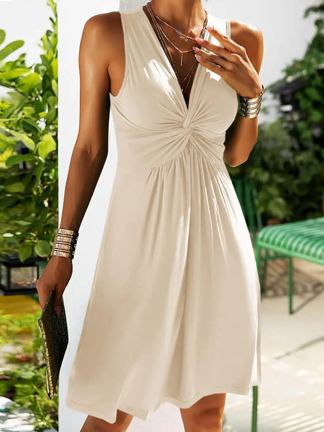 Veatzaer Women's V Neck Front Knotted Sleeveless Tank Dress Summer Solid Casual A Line Dress