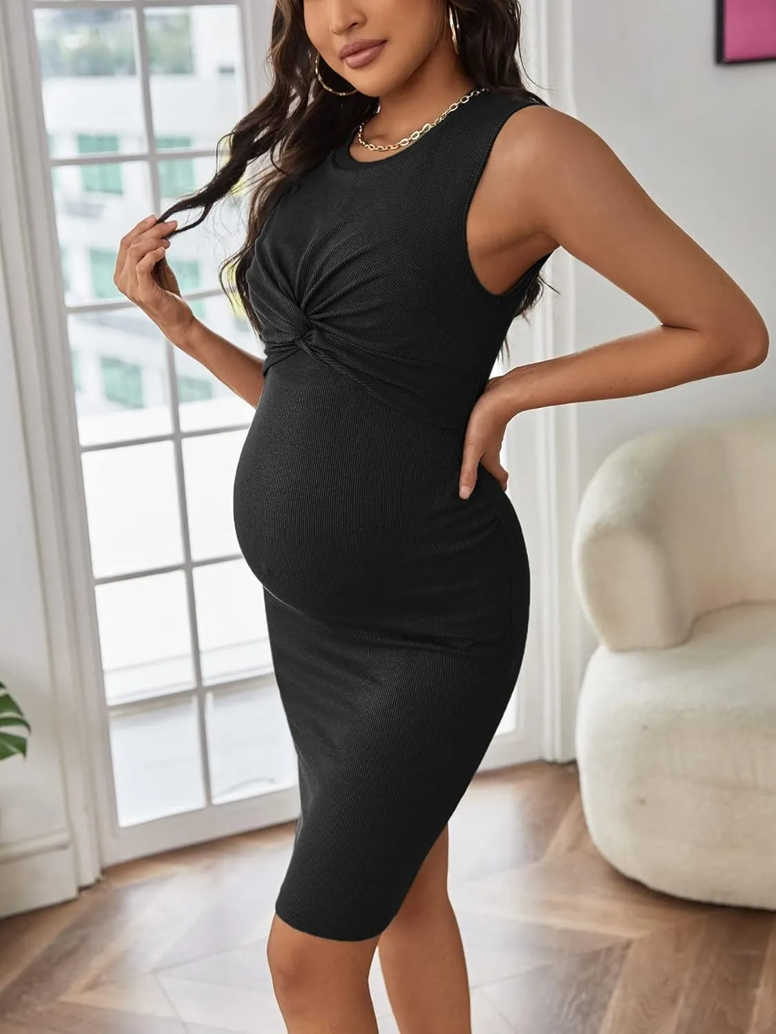Verdusa Women's Maternity Twist Front Sleeveless Bodycon Tank Pencil Dress