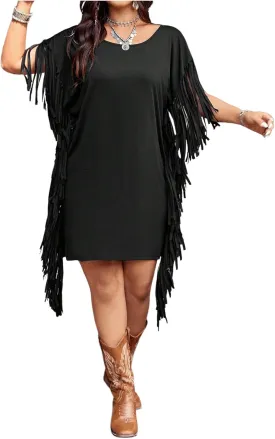 Verdusa Women's Plus Size Boho Fringe Dress Backless Scoop Neck Short Sleeve Tee Dresses
