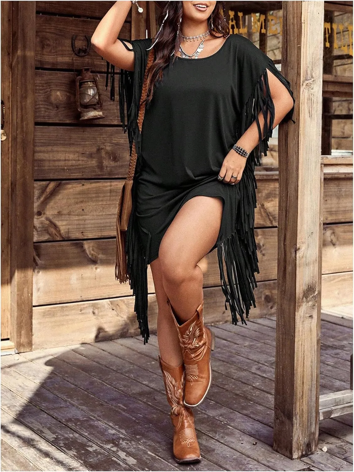 Verdusa Women's Plus Size Boho Fringe Dress Backless Scoop Neck Short Sleeve Tee Dresses