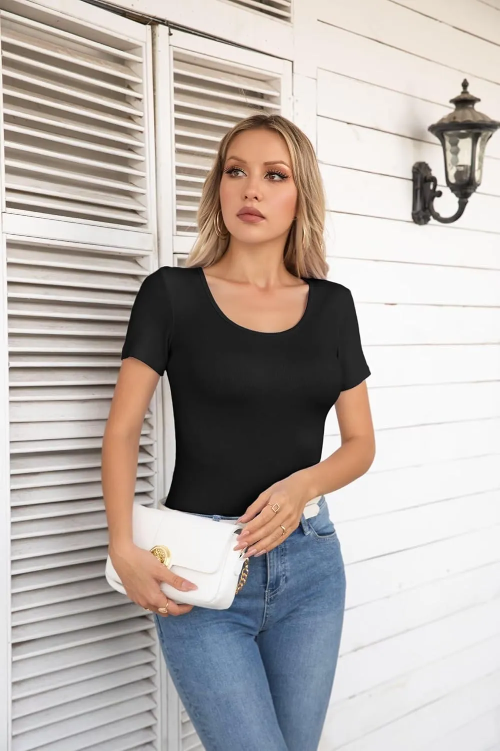 VICHYIE Summer Women's Scoop Neck Short Sleeve Shirts Ribbed Slim Fitted Casual Basic Top Blouses