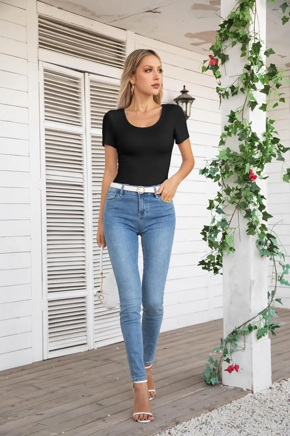 VICHYIE Summer Women's Scoop Neck Short Sleeve Shirts Ribbed Slim Fitted Casual Basic Top Blouses