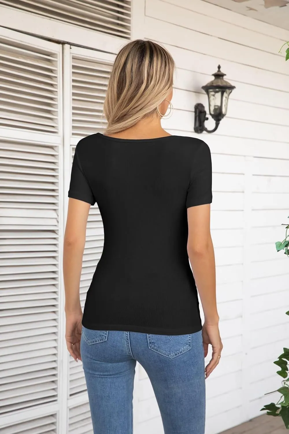 VICHYIE Summer Women's Scoop Neck Short Sleeve Shirts Ribbed Slim Fitted Casual Basic Top Blouses