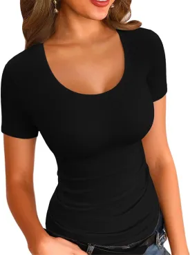 VICHYIE Summer Women's Scoop Neck Short Sleeve Shirts Ribbed Slim Fitted Casual Basic Top Blouses