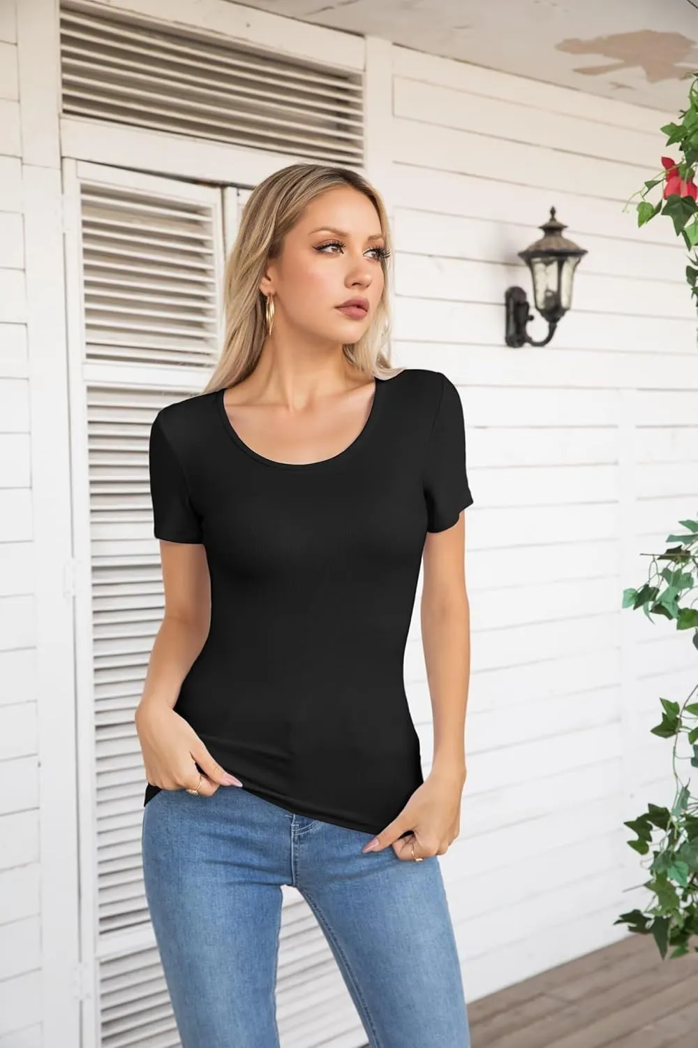 VICHYIE Summer Women's Scoop Neck Short Sleeve Shirts Ribbed Slim Fitted Casual Basic Top Blouses