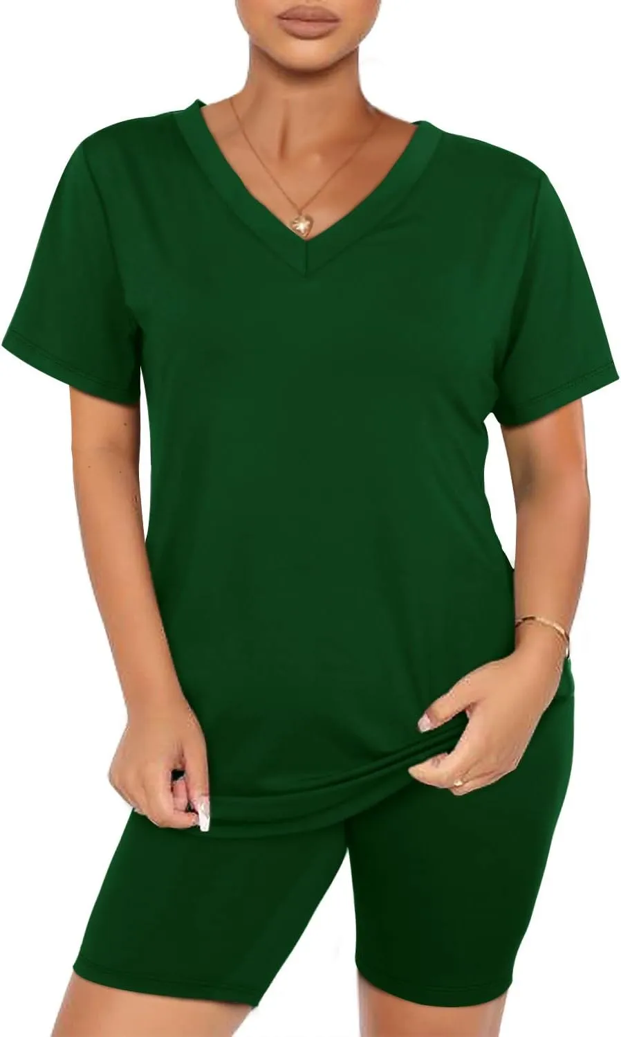 WIHOLL Two Piece Outfits for Women Short Sleeve V Neck Biker Shorts Set