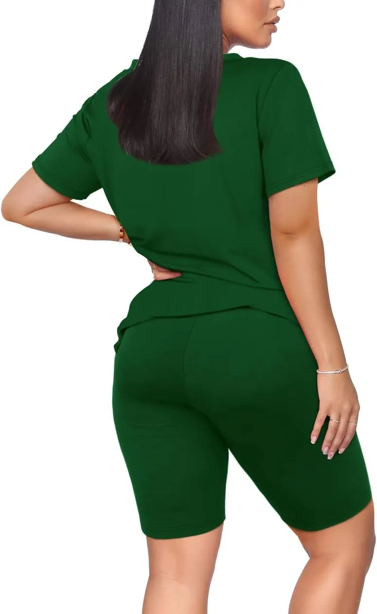 WIHOLL Two Piece Outfits for Women Short Sleeve V Neck Biker Shorts Set