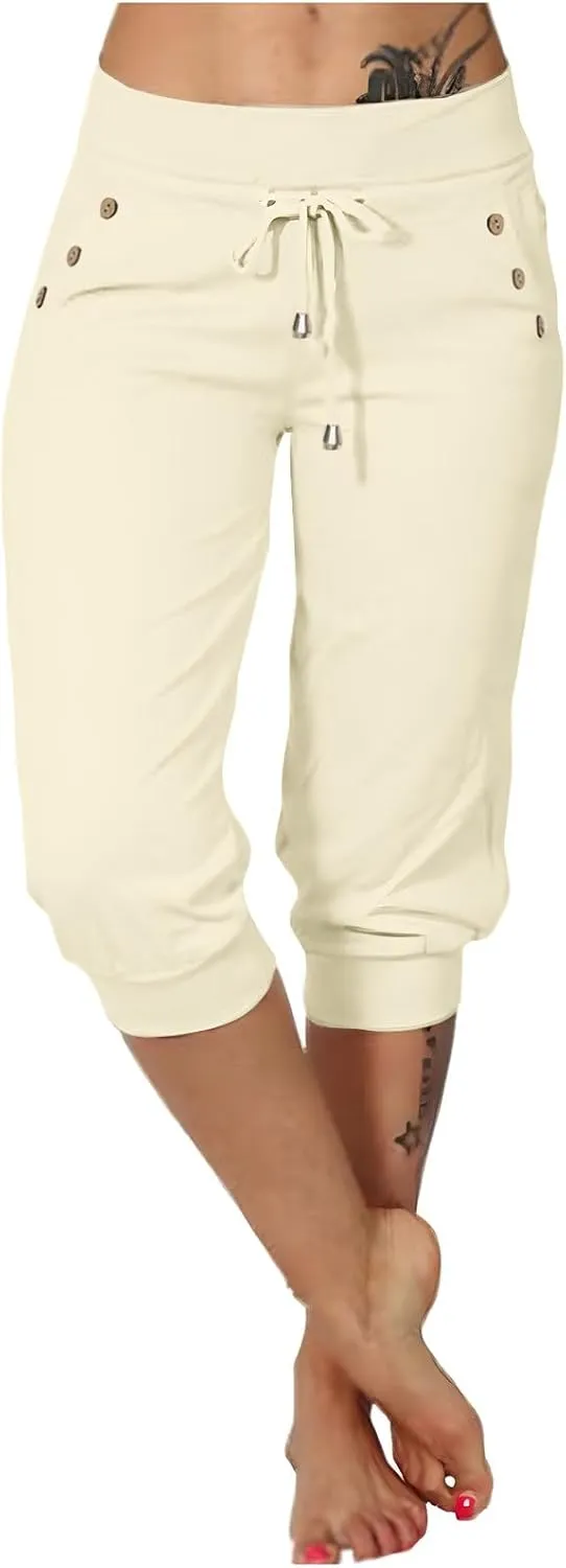 Women Straight Leg Capri Jogger with Pocket Track Cuff Sweatpants Drawstring Pull on Athletic Workout Lounge Shorts