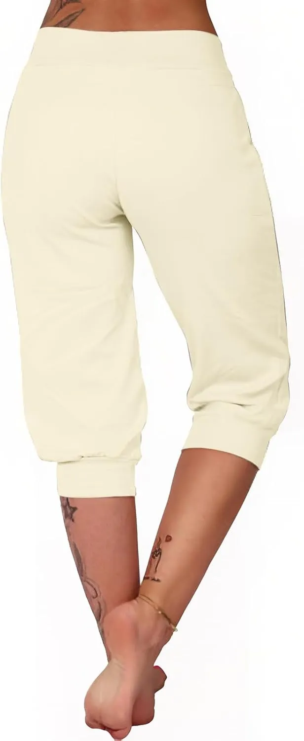 Women Straight Leg Capri Jogger with Pocket Track Cuff Sweatpants Drawstring Pull on Athletic Workout Lounge Shorts