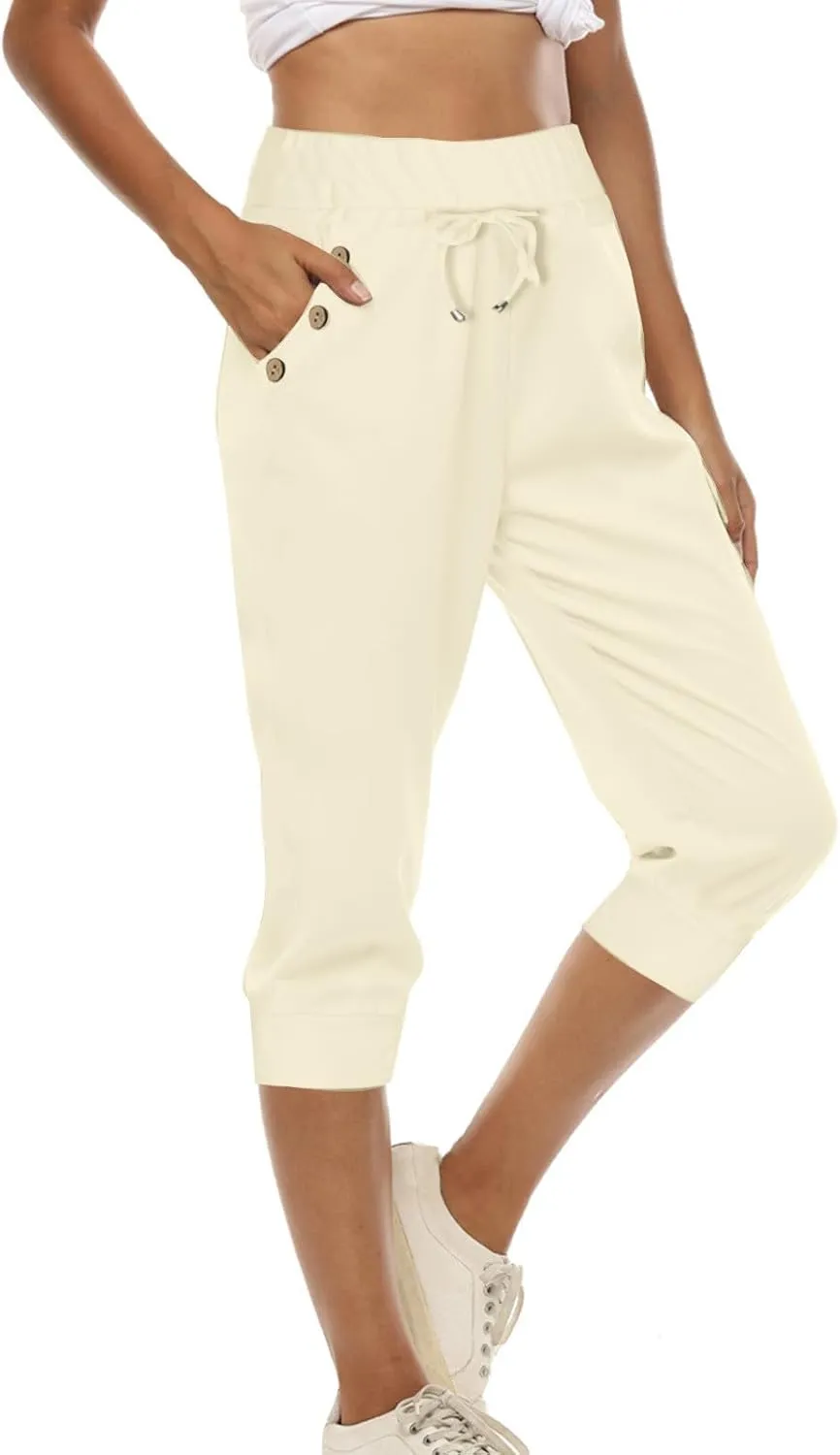 Women Straight Leg Capri Jogger with Pocket Track Cuff Sweatpants Drawstring Pull on Athletic Workout Lounge Shorts