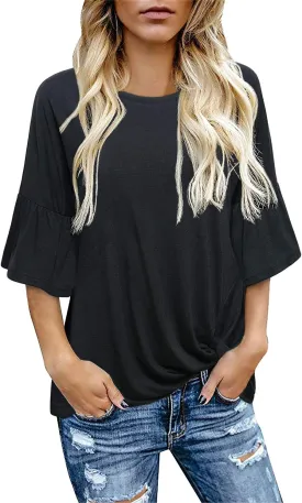 Women's Casual Bell Sleeve Crewneck Twist Knot Blouse Tops