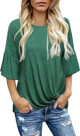 Women's Casual Bell Sleeve Crewneck Twist Knot Blouse Tops