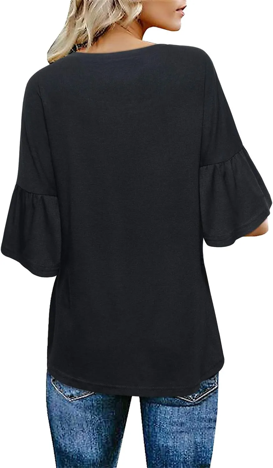 Women's Casual Bell Sleeve Crewneck Twist Knot Blouse Tops