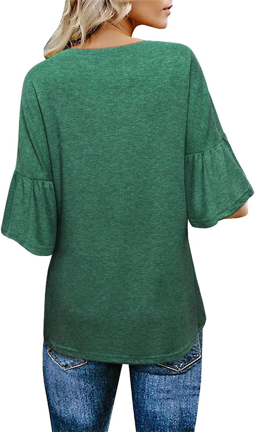 Women's Casual Bell Sleeve Crewneck Twist Knot Blouse Tops