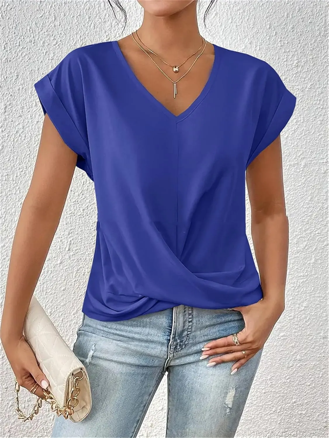 Women's Casual Top Short Sleeve Twist Knot Shirts Slim Fit V Neck T Shirt Tops