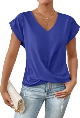 Women's Casual Top Short Sleeve Twist Knot Shirts Slim Fit V Neck T Shirt Tops