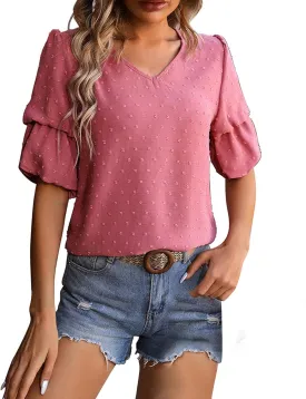 Womens Puff Sleeve Tops Dressy Casual V Neck Blouses Swiss Dot Balloon Short Sleeve Blouses Pom Pom Shirts Summer Tee