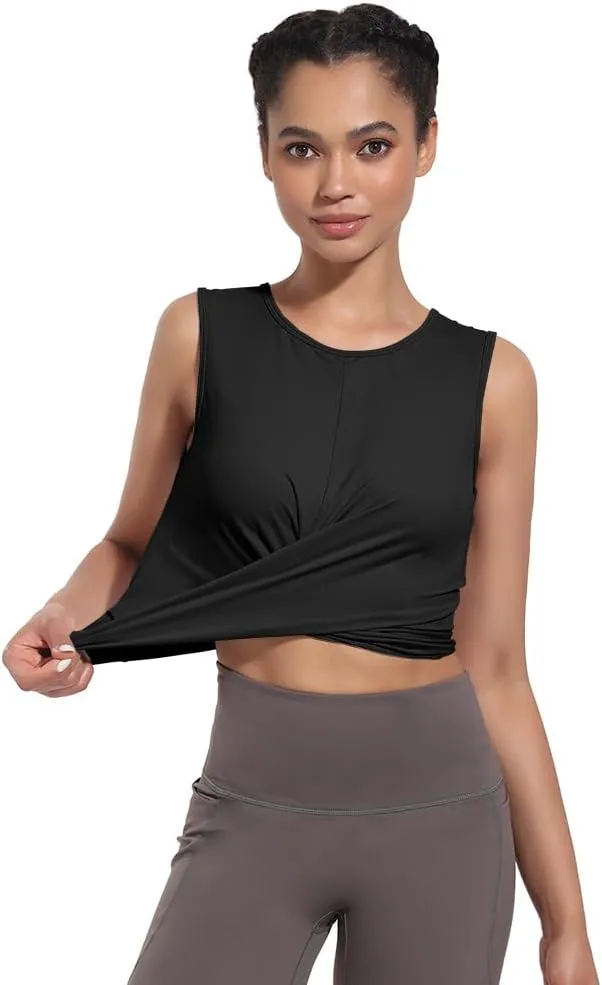 Womens Sexy Sleeveless High Round Neck Crop Tops Workout Halter Tops for Women Twist Front Tank Tops Casual Shirt