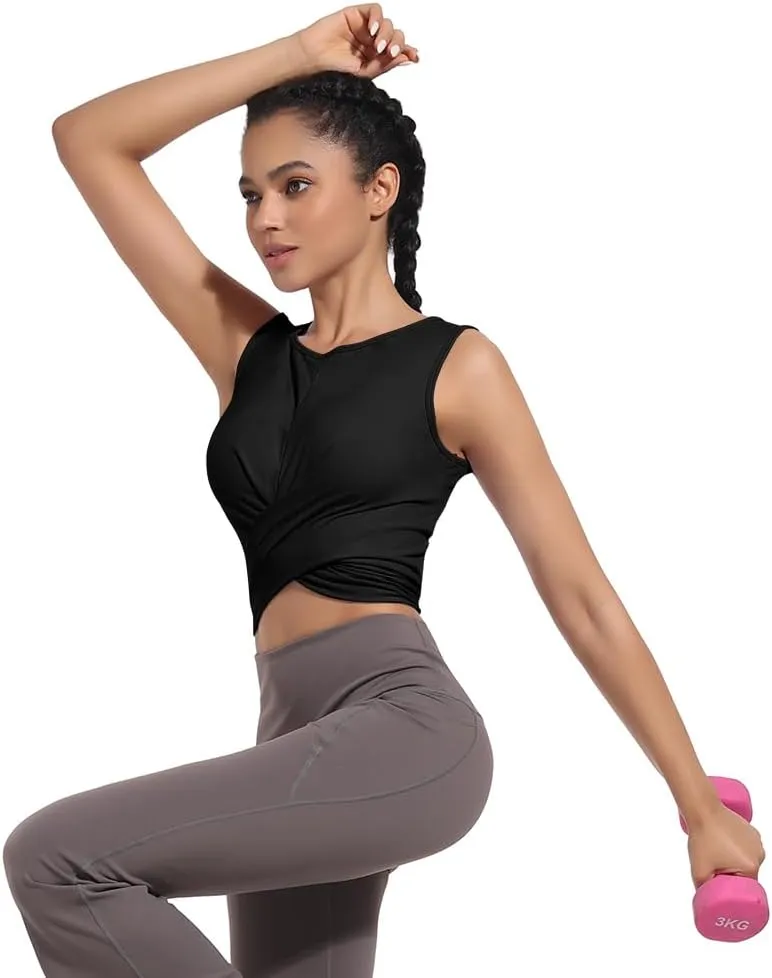 Womens Sexy Sleeveless High Round Neck Crop Tops Workout Halter Tops for Women Twist Front Tank Tops Casual Shirt