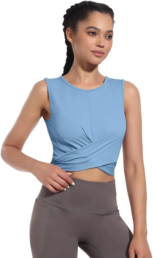 Womens Sexy Sleeveless High Round Neck Crop Tops Workout Halter Tops for Women Twist Front Tank Tops Casual Shirt