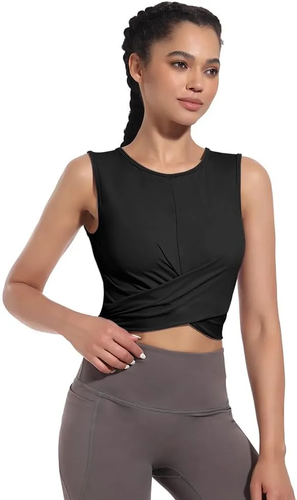 Womens Sexy Sleeveless High Round Neck Crop Tops Workout Halter Tops for Women Twist Front Tank Tops Casual Shirt