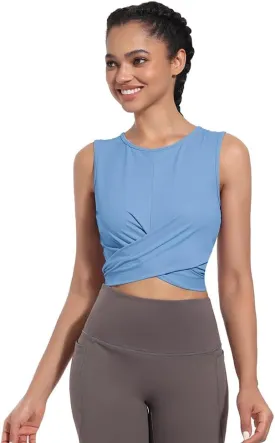 Womens Sexy Sleeveless High Round Neck Crop Tops Workout Halter Tops for Women Twist Front Tank Tops Casual Shirt