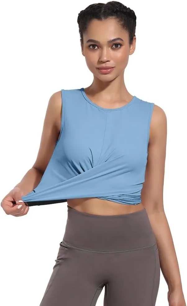 Womens Sexy Sleeveless High Round Neck Crop Tops Workout Halter Tops for Women Twist Front Tank Tops Casual Shirt