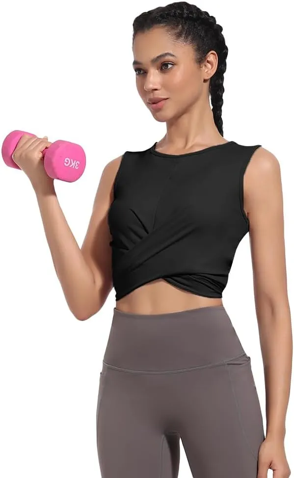 Womens Sexy Sleeveless High Round Neck Crop Tops Workout Halter Tops for Women Twist Front Tank Tops Casual Shirt