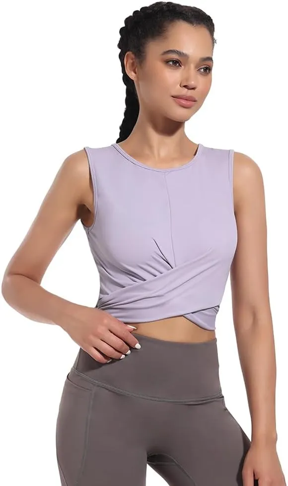 Womens Sexy Sleeveless High Round Neck Crop Tops Workout Halter Tops for Women Twist Front Tank Tops Casual Shirt