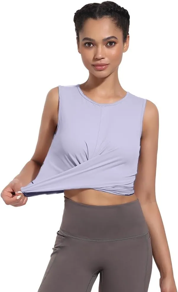 Womens Sexy Sleeveless High Round Neck Crop Tops Workout Halter Tops for Women Twist Front Tank Tops Casual Shirt