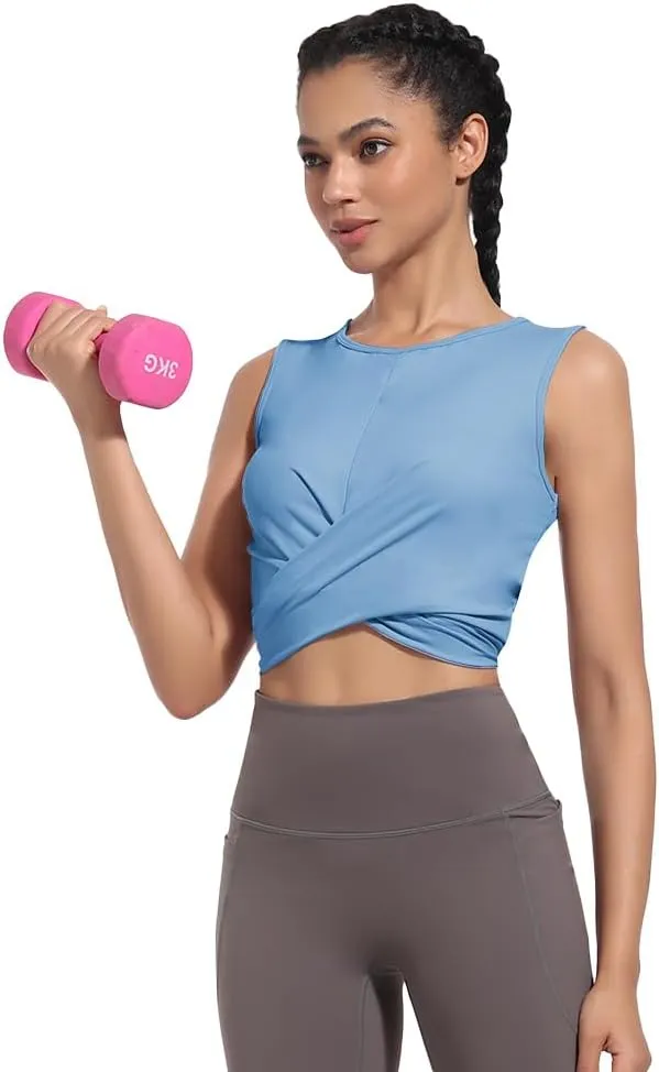 Womens Sexy Sleeveless High Round Neck Crop Tops Workout Halter Tops for Women Twist Front Tank Tops Casual Shirt