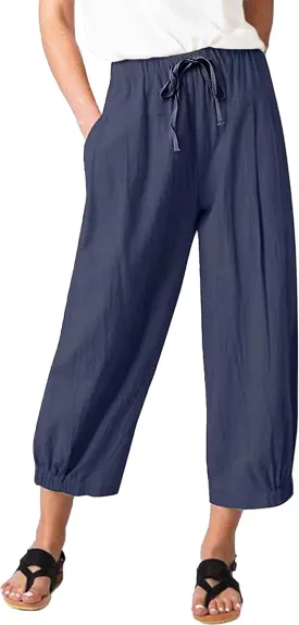 Women's Summer Capri Pants Elastic High Waist Drawstring Wide Leg Cotton Linen Work Pants with Pockets