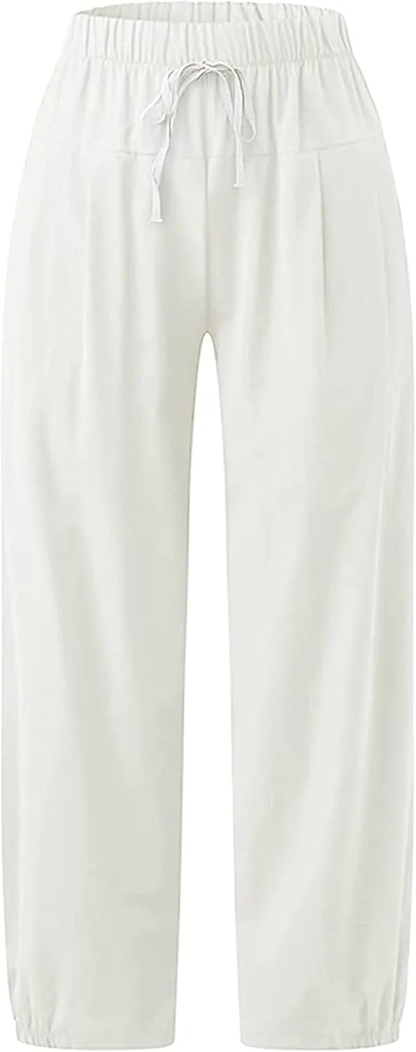 Women's Summer Capri Pants Elastic High Waist Drawstring Wide Leg Cotton Linen Work Pants with Pockets