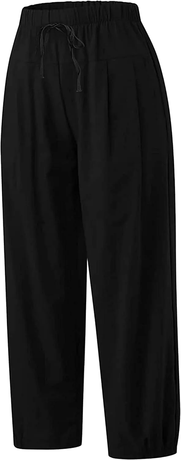 Women's Summer Capri Pants Elastic High Waist Drawstring Wide Leg Cotton Linen Work Pants with Pockets