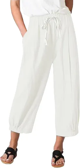 Women's Summer Capri Pants Elastic High Waist Drawstring Wide Leg Cotton Linen Work Pants with Pockets