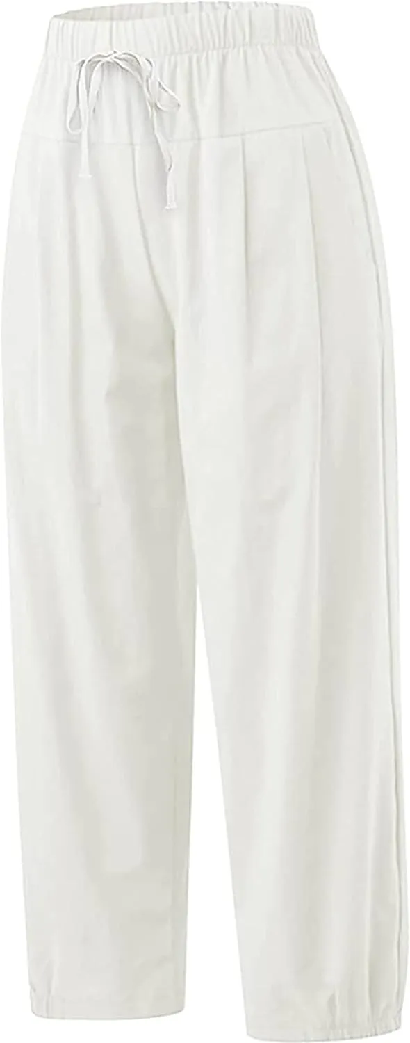 Women's Summer Capri Pants Elastic High Waist Drawstring Wide Leg Cotton Linen Work Pants with Pockets