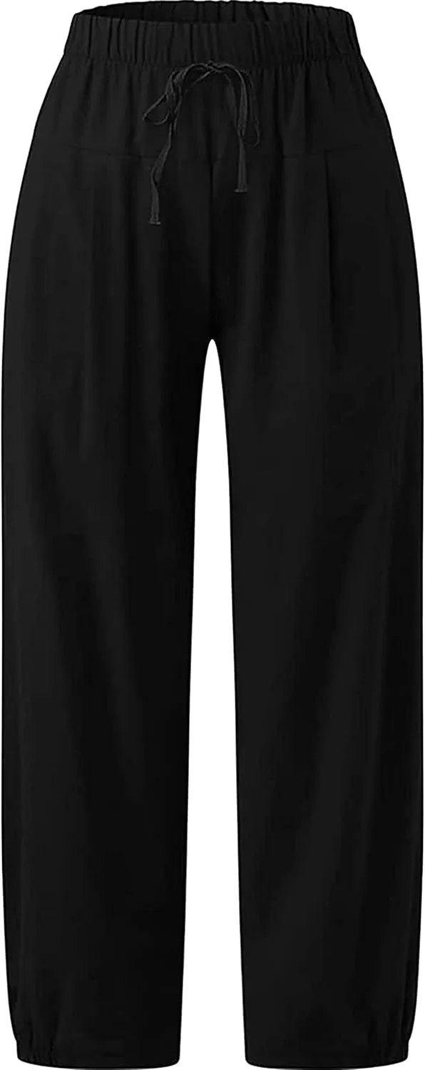 Women's Summer Capri Pants Elastic High Waist Drawstring Wide Leg Cotton Linen Work Pants with Pockets