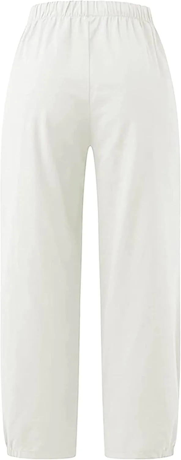 Women's Summer Capri Pants Elastic High Waist Drawstring Wide Leg Cotton Linen Work Pants with Pockets