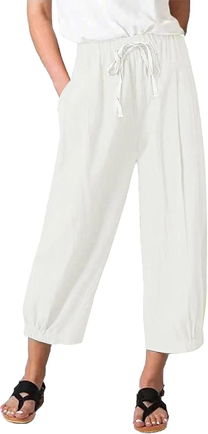 Women's Summer Capri Pants Elastic High Waist Drawstring Wide Leg Cotton Linen Work Pants with Pockets