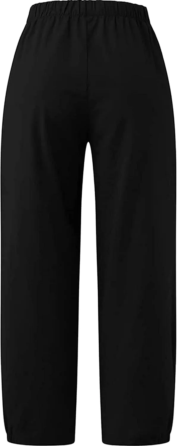 Women's Summer Capri Pants Elastic High Waist Drawstring Wide Leg Cotton Linen Work Pants with Pockets