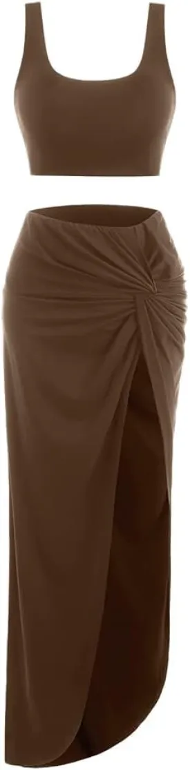 ZAFUL Women's Casual Sleeveless Summer Solid Marled Crop Top and Draped Ruched Maxi Skirt Set Two Piece Dress