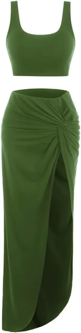 ZAFUL Women's Casual Sleeveless Summer Solid Marled Crop Top and Draped Ruched Maxi Skirt Set Two Piece Dress