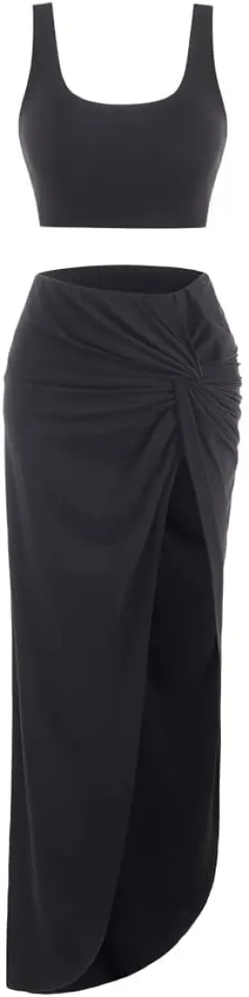 ZAFUL Women's Casual Sleeveless Summer Solid Marled Crop Top and Draped Ruched Maxi Skirt Set Two Piece Dress